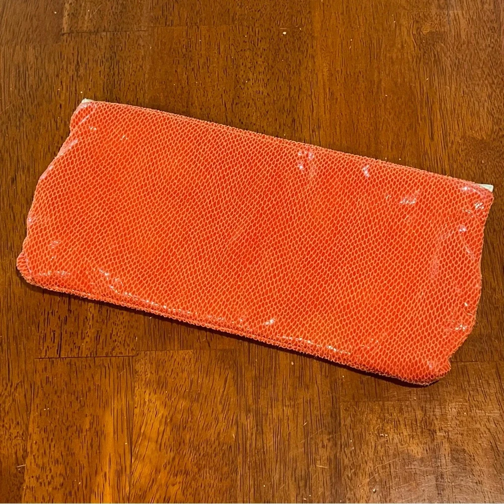 Kenneth Cole Reaction Orange Snakeskin Clutch Bag Gold Trim Metallic Envelope‎
